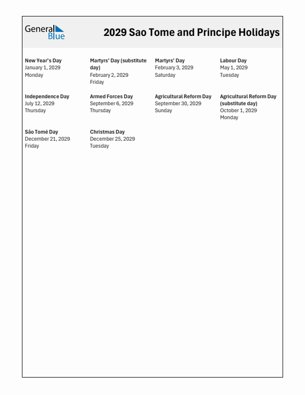 Free printable list of Sao Tome and Principe holidays for year 2029