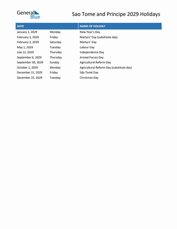 Free printable list of Sao Tome and Principe holidays for year 2029