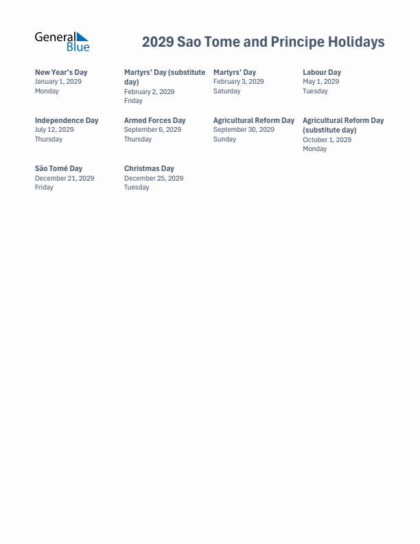Free printable list of Sao Tome and Principe holidays for year 2029