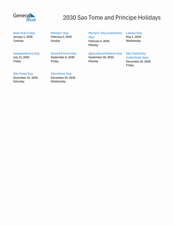 Free printable list of Sao Tome and Principe holidays for year 2030