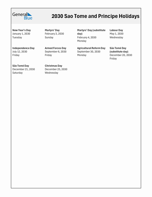 Free printable list of Sao Tome and Principe holidays for year 2030