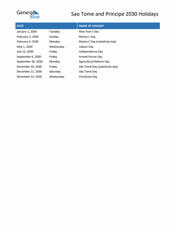 Free printable list of Sao Tome and Principe holidays for year 2030