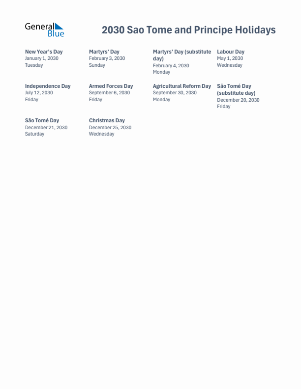 Free printable list of Sao Tome and Principe holidays for year 2030