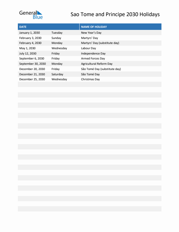 Free printable list of Sao Tome and Principe holidays for year 2030