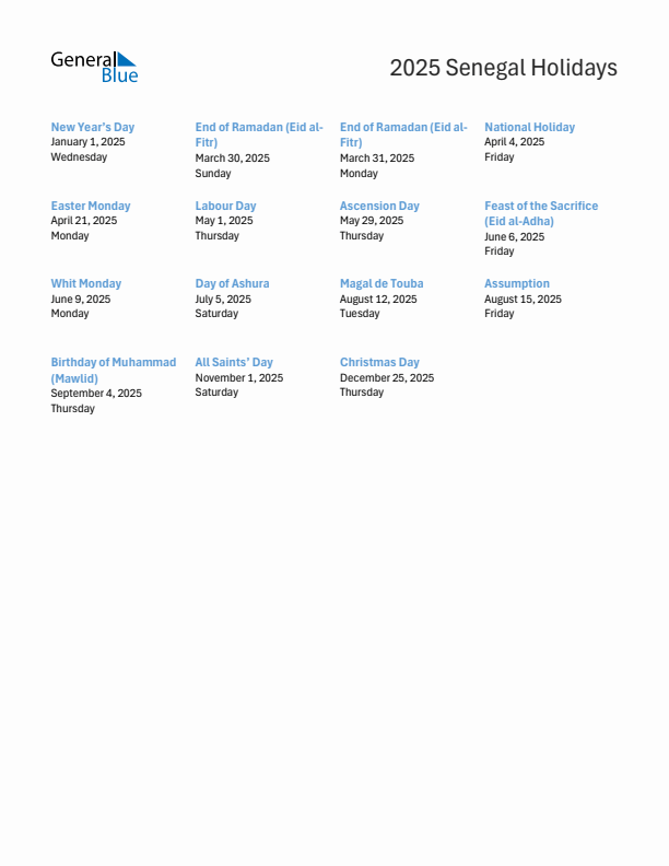Free printable list of Senegal holidays for year 2025