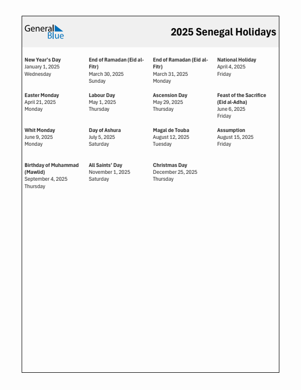Free printable list of Senegal holidays for year 2025