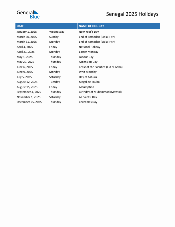 Free printable list of Senegal holidays for year 2025