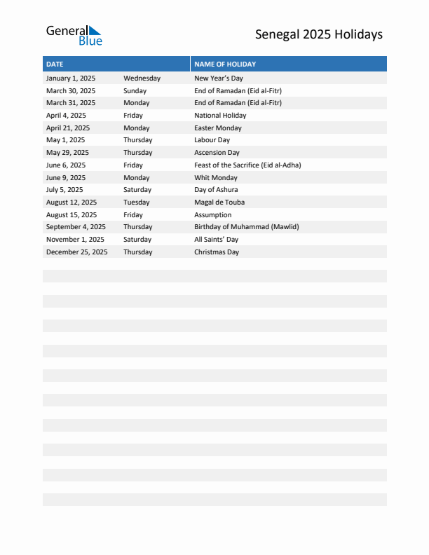 Free printable list of Senegal holidays for year 2025