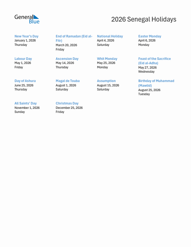 Free printable list of Senegal holidays for year 2026