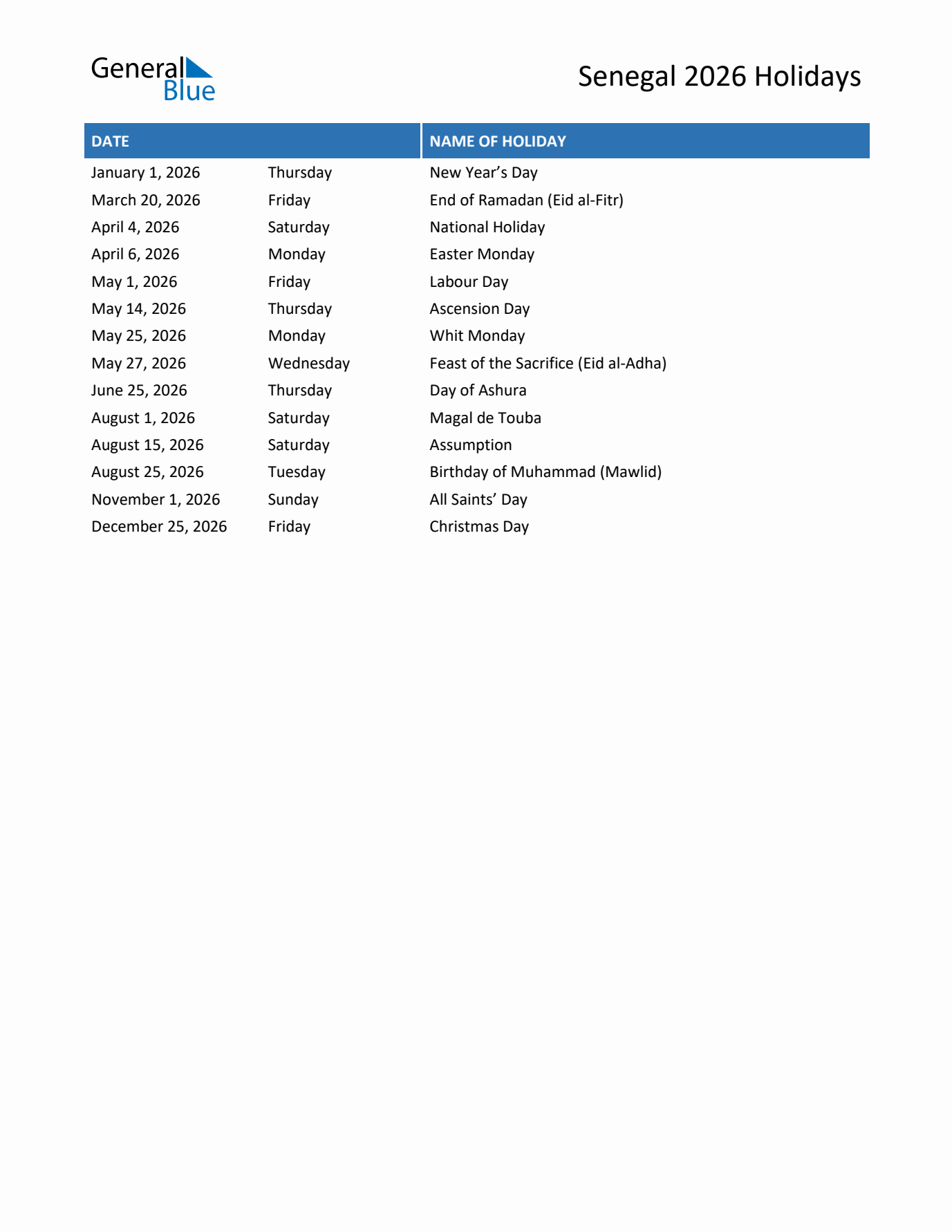 2026 Senegal List of Holidays in PDF, Word, and Excel