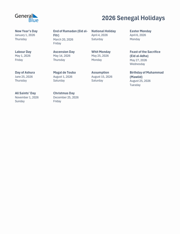 Free printable list of Senegal holidays for year 2026