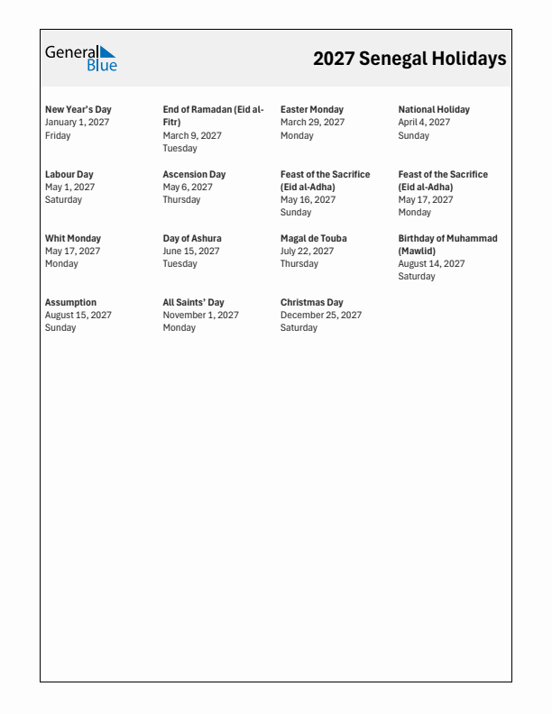 Free printable list of Senegal holidays for year 2027