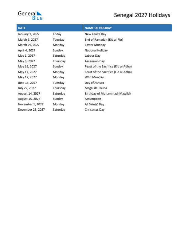 Free printable list of Senegal holidays for year 2027