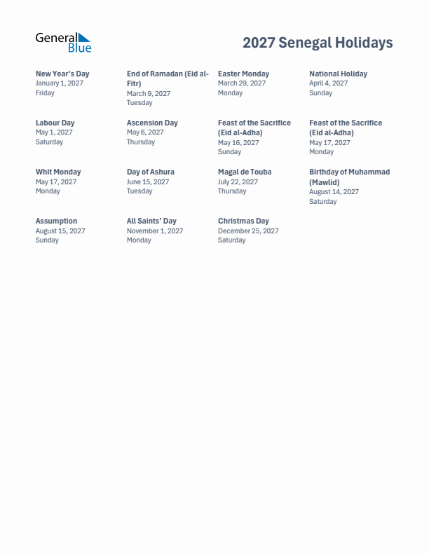 Free printable list of Senegal holidays for year 2027