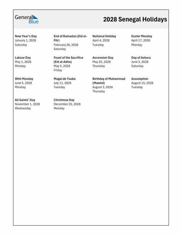 Free printable list of Senegal holidays for year 2028