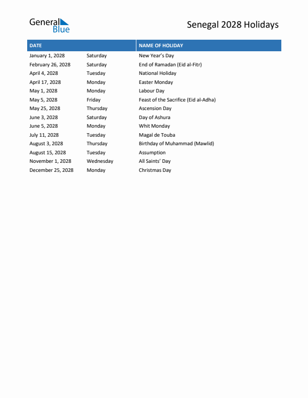 Free printable list of Senegal holidays for year 2028