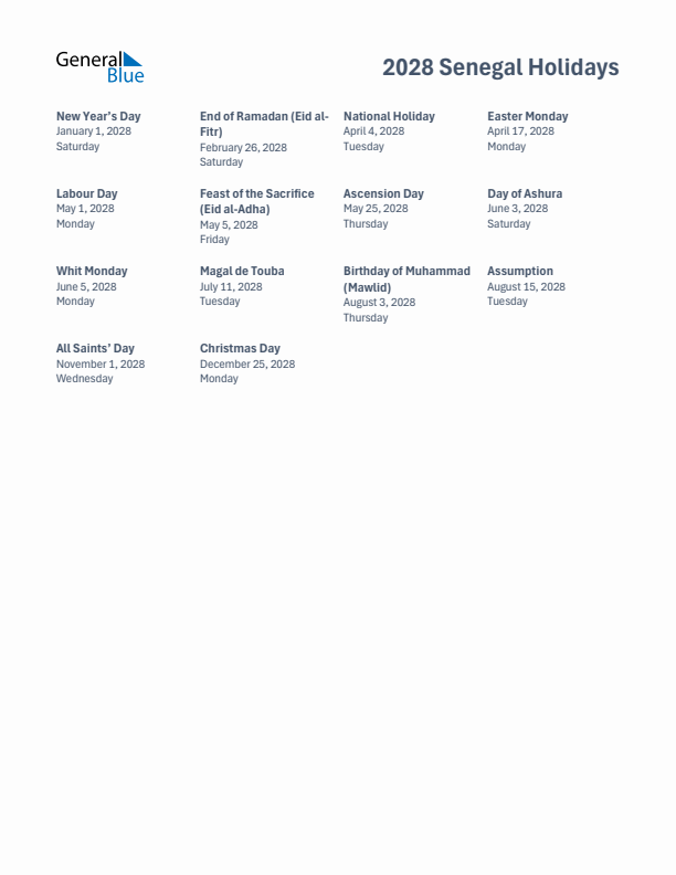 Free printable list of Senegal holidays for year 2028