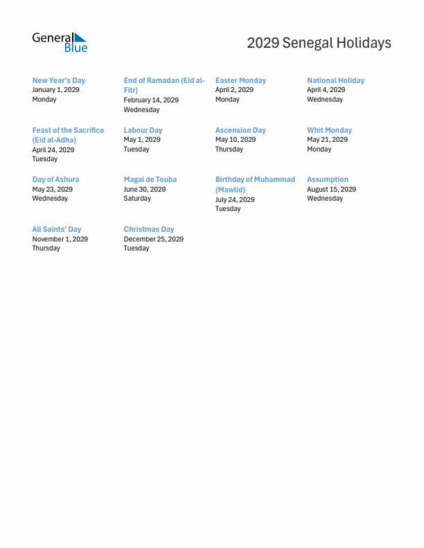Free printable list of Senegal holidays for year 2029