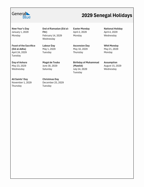 Free printable list of Senegal holidays for year 2029