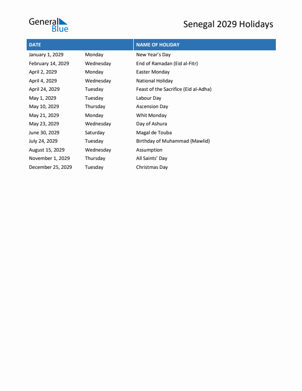 Free printable list of Senegal holidays for year 2029