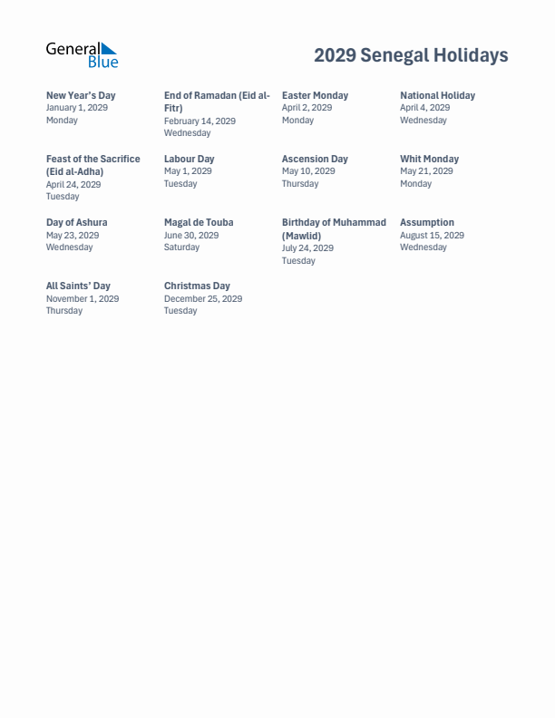 Free printable list of Senegal holidays for year 2029