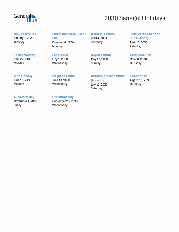Free printable list of Senegal holidays for year 2030
