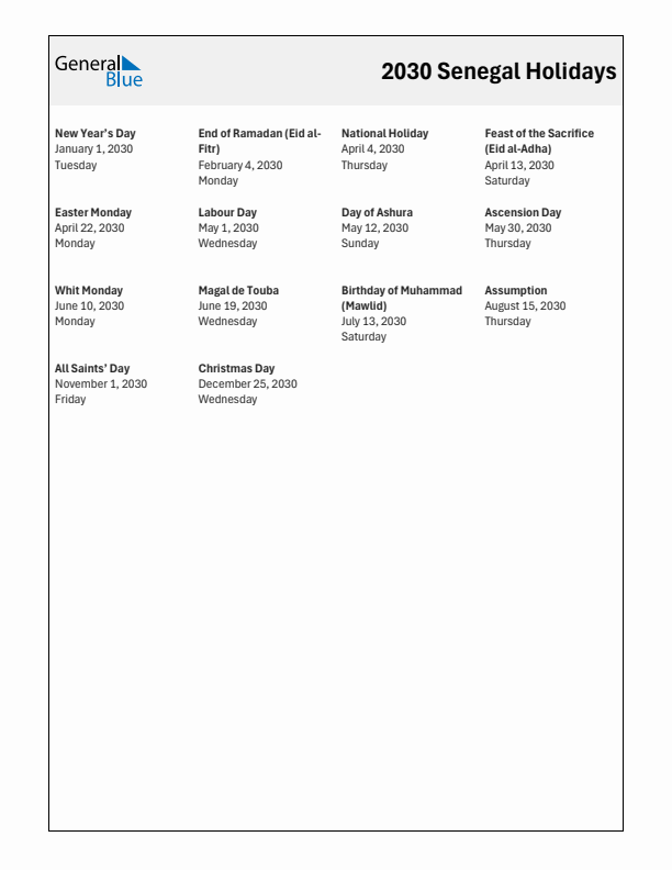 Free printable list of Senegal holidays for year 2030