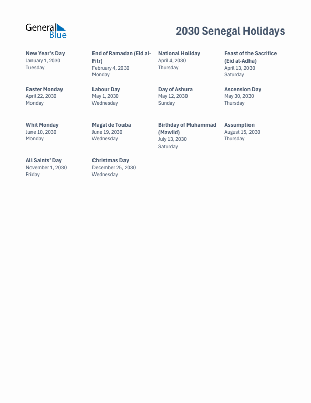 Free printable list of Senegal holidays for year 2030