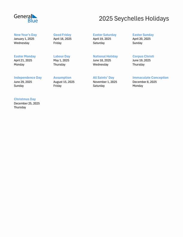 Free printable list of Seychelles holidays for year 2025
