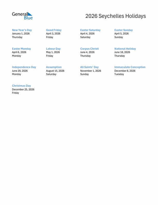 Free printable list of Seychelles holidays for year 2026