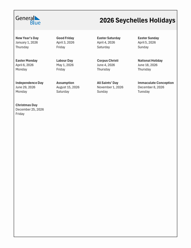 Free printable list of Seychelles holidays for year 2026