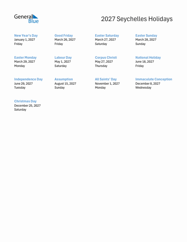 Free printable list of Seychelles holidays for year 2027