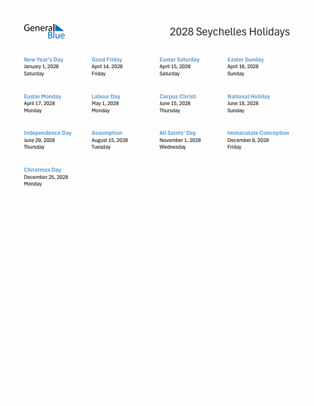 Free printable list of Seychelles holidays for year 2028