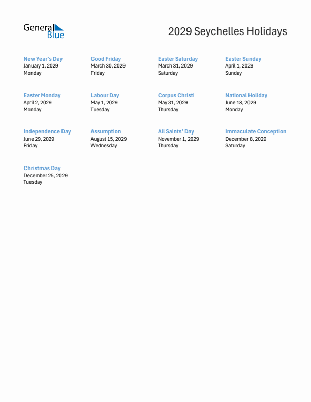 Free printable list of Seychelles holidays for year 2029