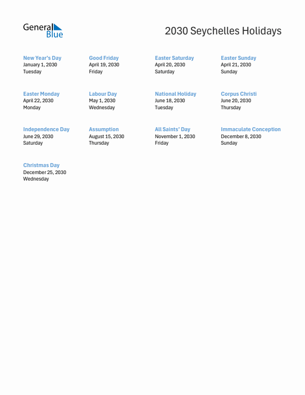 Free printable list of Seychelles holidays for year 2030
