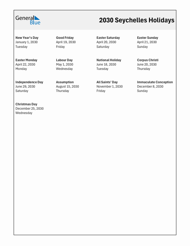 Free printable list of Seychelles holidays for year 2030