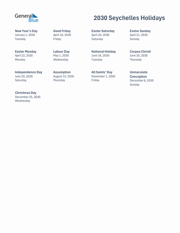Free printable list of Seychelles holidays for year 2030