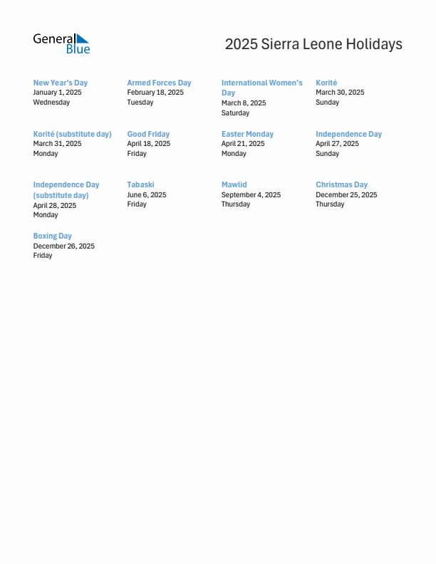 Free printable list of Sierra Leone holidays for year 2025