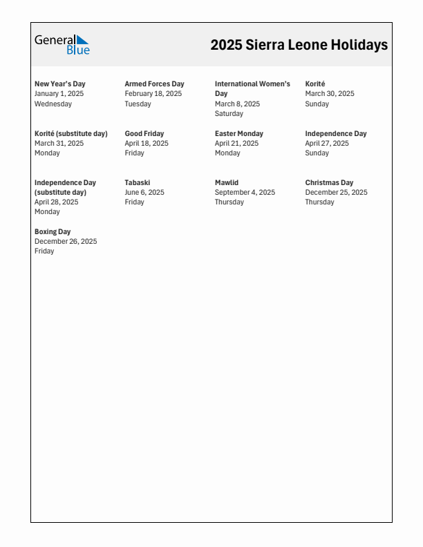 Free printable list of Sierra Leone holidays for year 2025