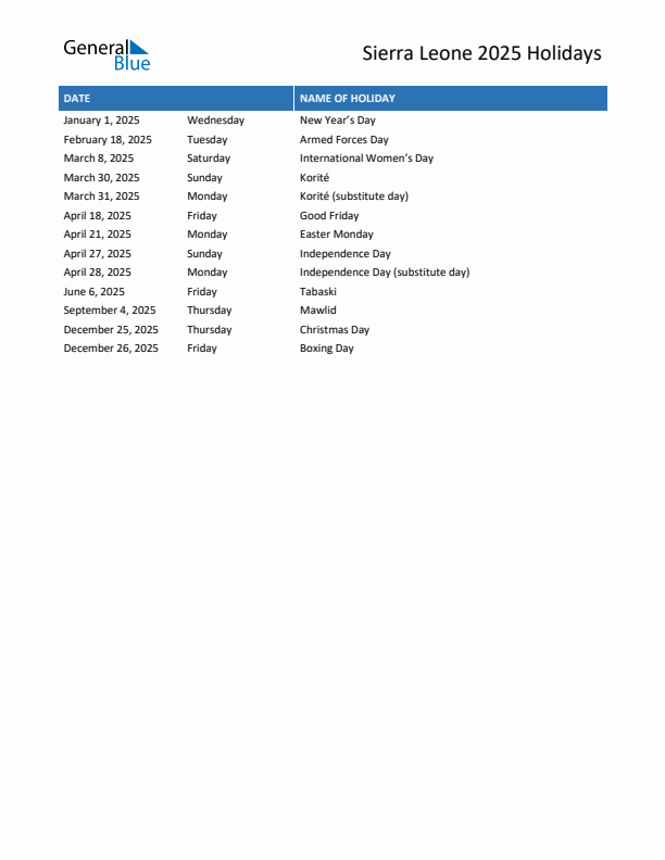 Free printable list of Sierra Leone holidays for year 2025