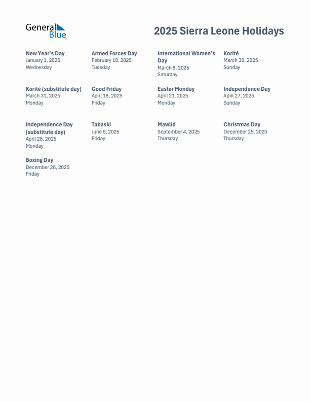 Free printable list of Sierra Leone holidays for year 2025