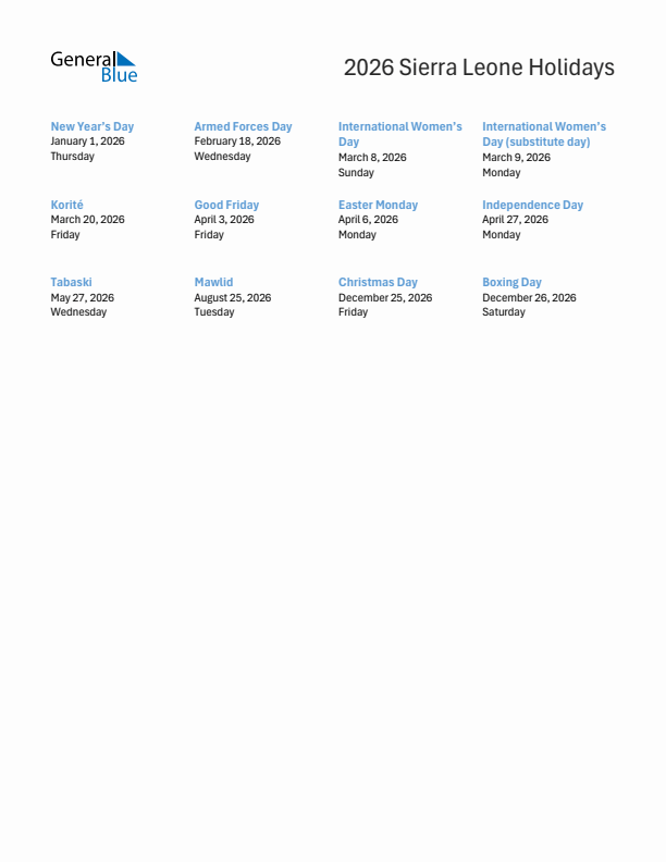 Free printable list of Sierra Leone holidays for year 2026