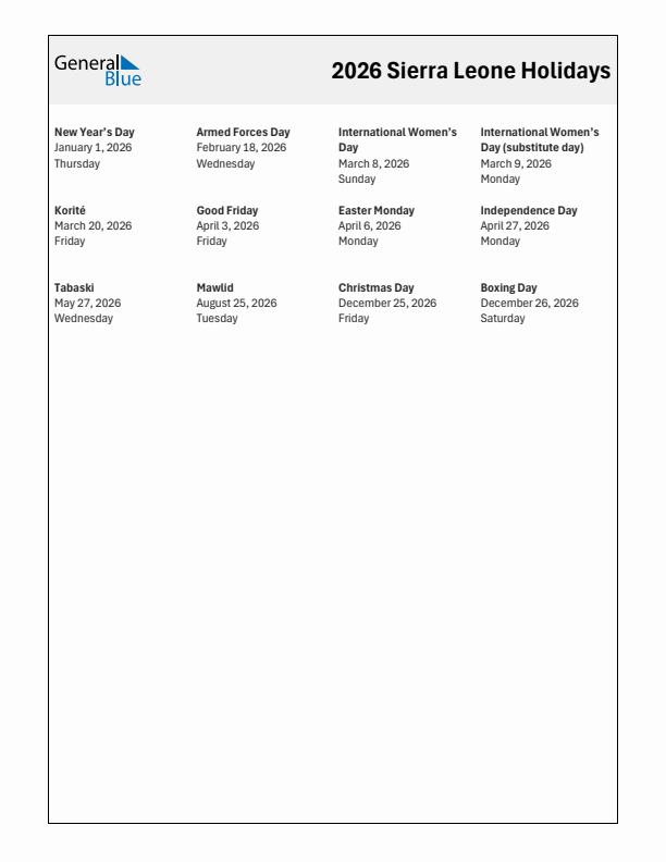 Free printable list of Sierra Leone holidays for year 2026