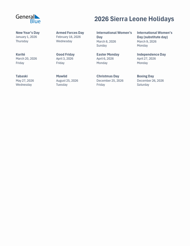 Free printable list of Sierra Leone holidays for year 2026