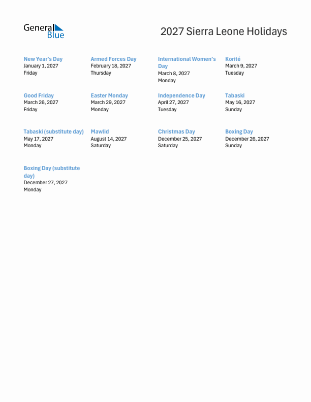 Free printable list of Sierra Leone holidays for year 2027