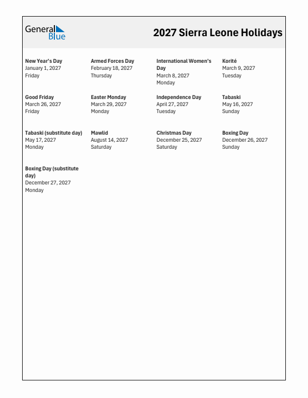 Free printable list of Sierra Leone holidays for year 2027