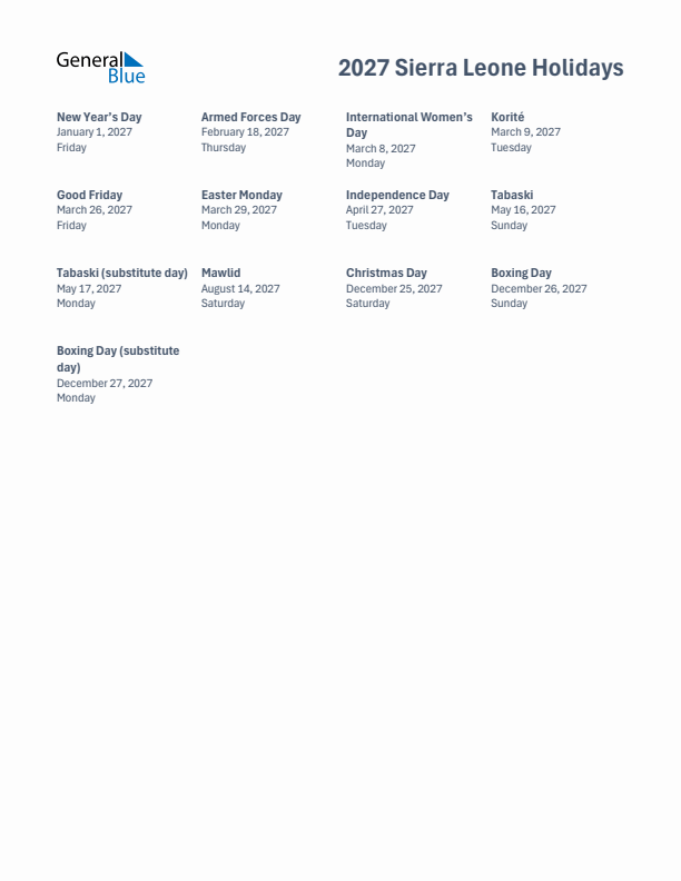 Free printable list of Sierra Leone holidays for year 2027