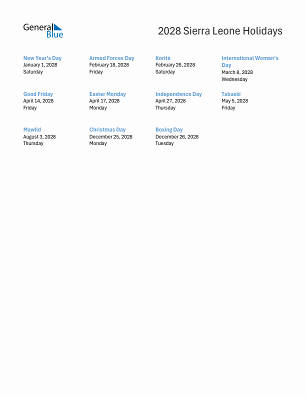 Free printable list of Sierra Leone holidays for year 2028