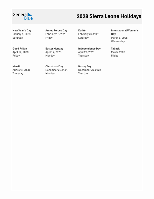 Free printable list of Sierra Leone holidays for year 2028