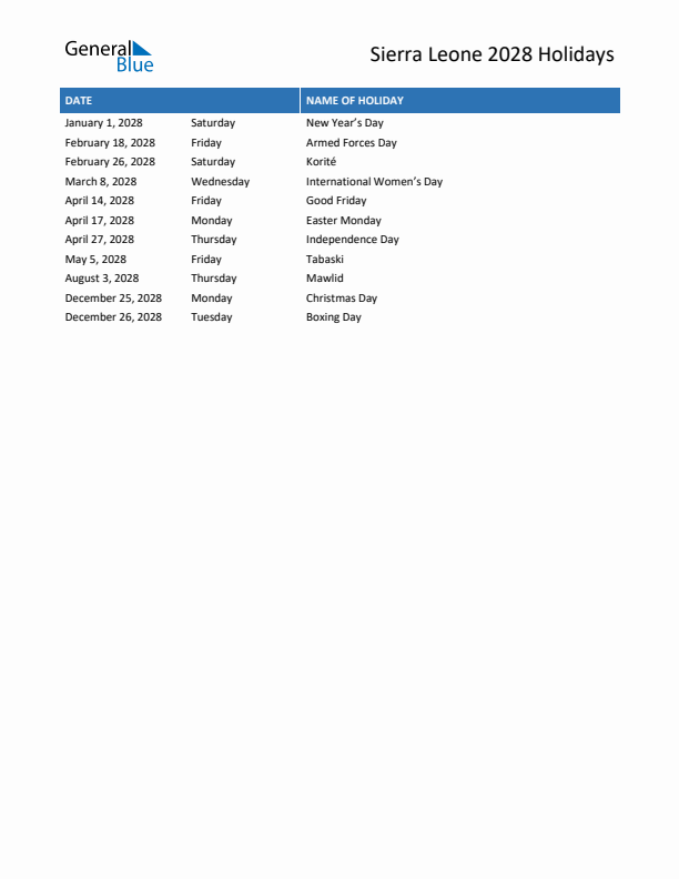 Free printable list of Sierra Leone holidays for year 2028